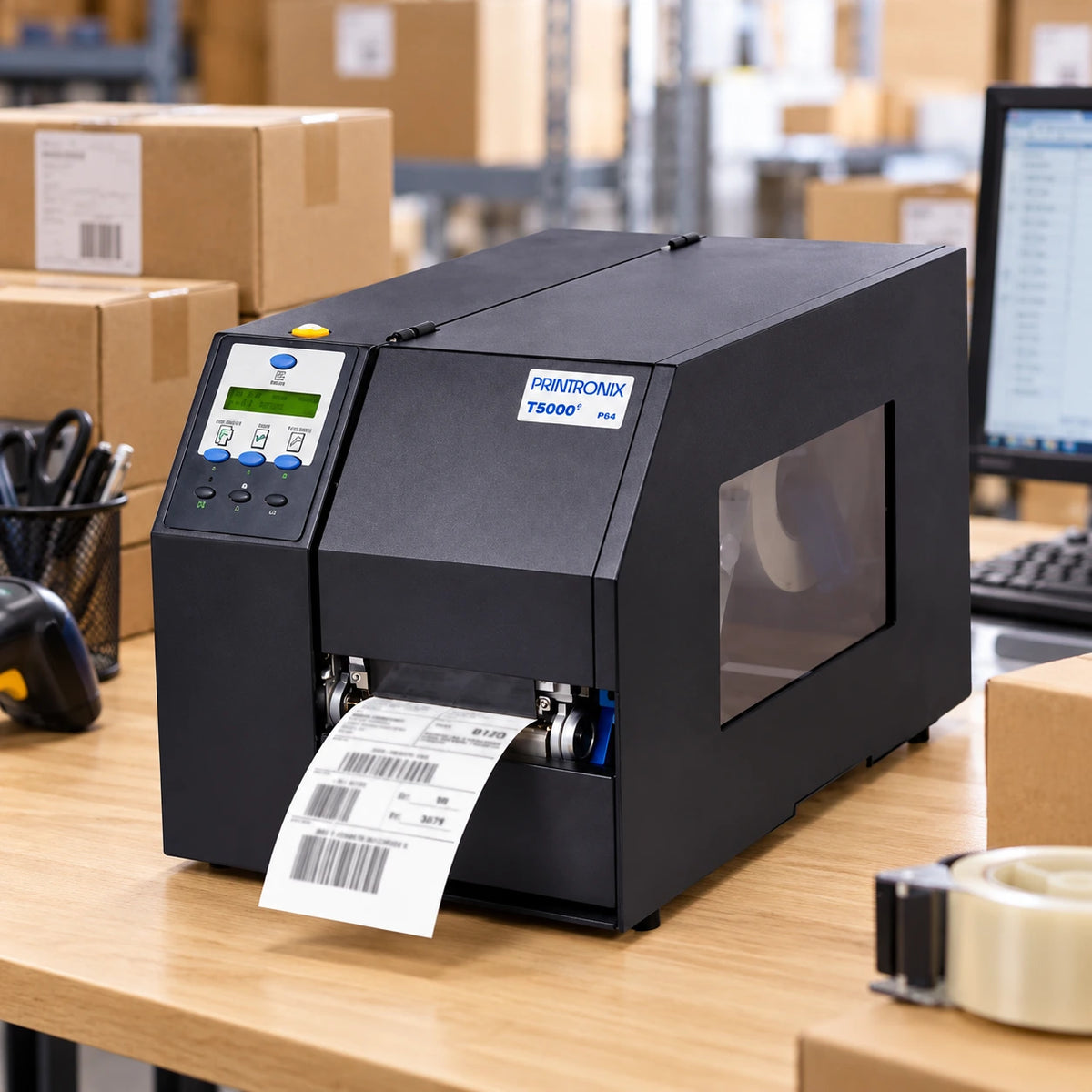 Printronix T5000 industrial thermal label printer in use