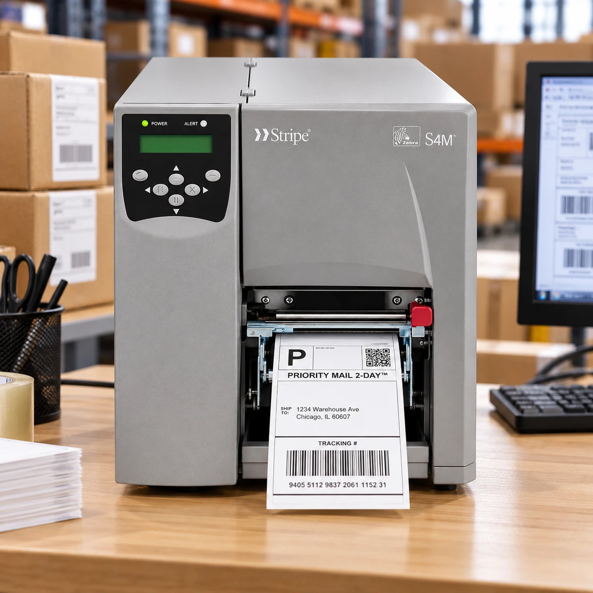 Zebra S4M industrial label printer in use