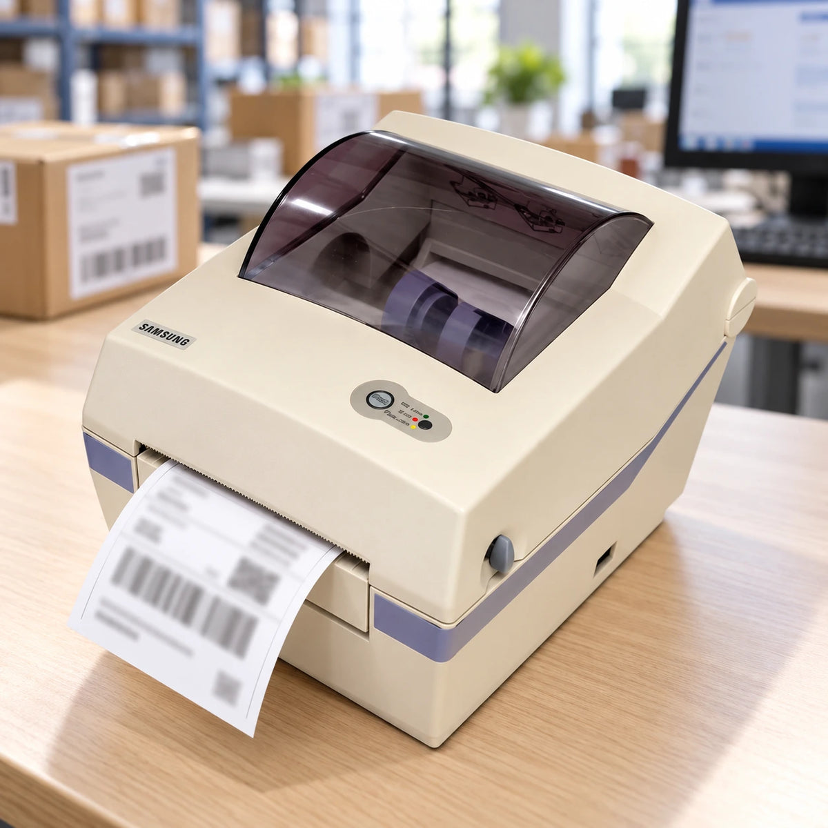 Samsung SRP-770 thermal receipt and barcode printer printing a label