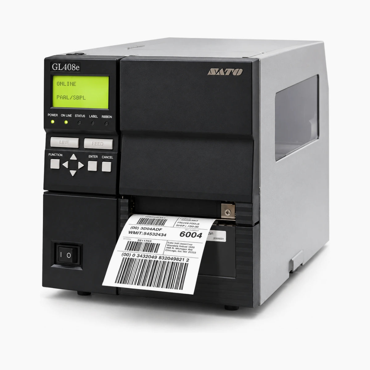 SATO GL408e industrial label printer angled view