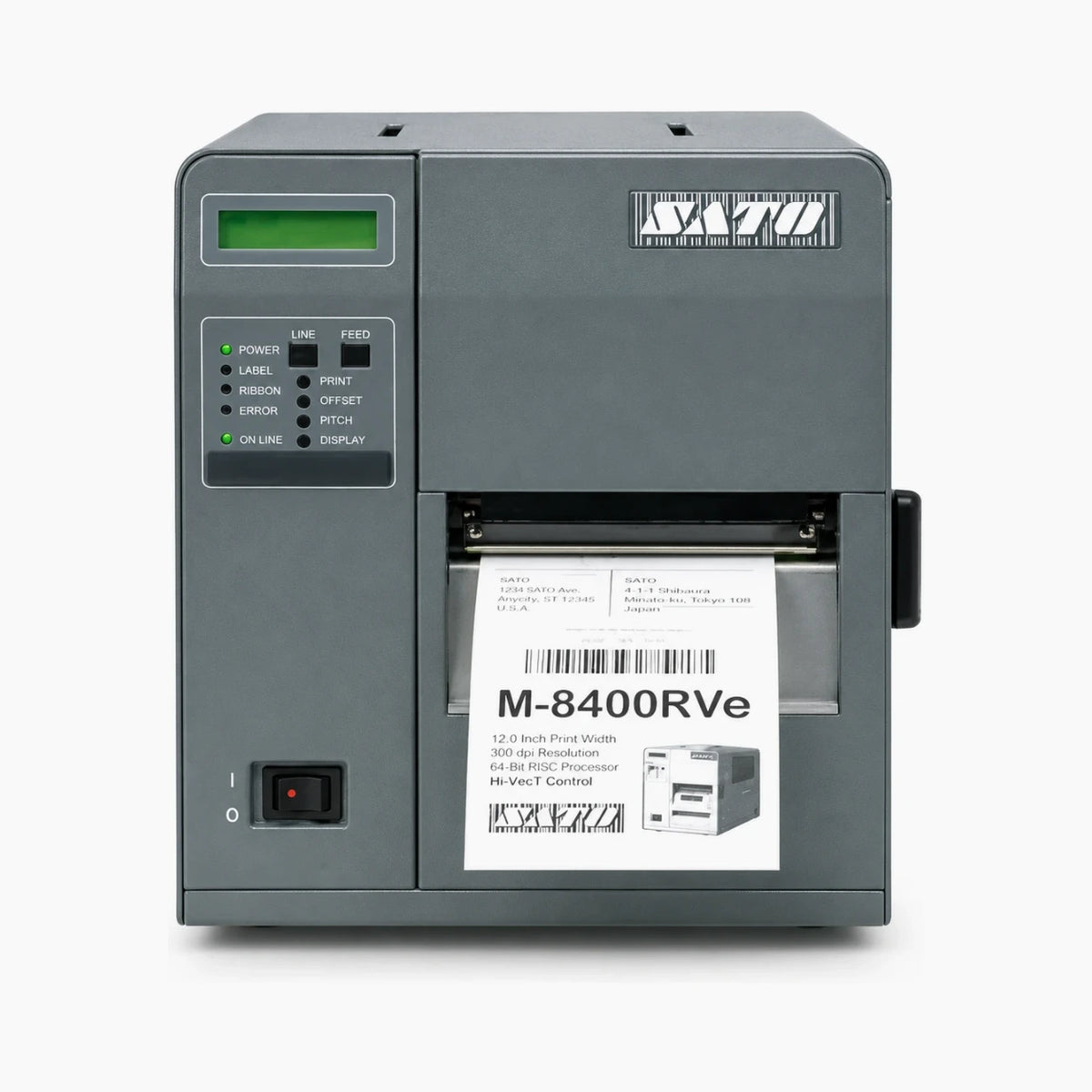 SATO M-8400RVe industrial label printer front view
