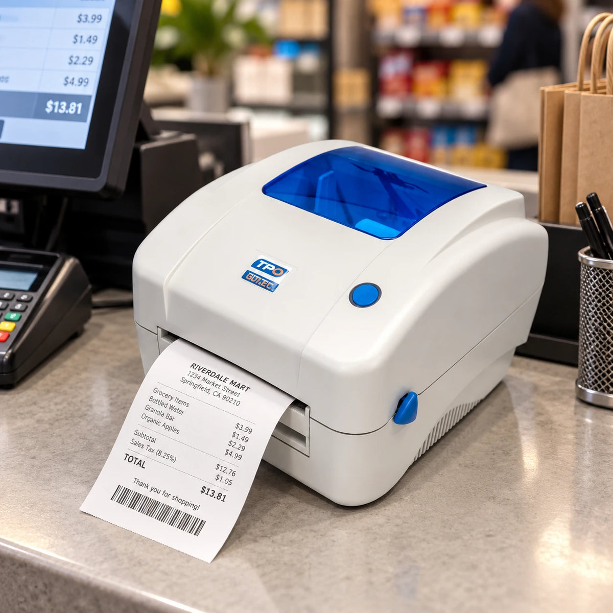 TPO HZ-3120 thermal receipt and barcode printer in use