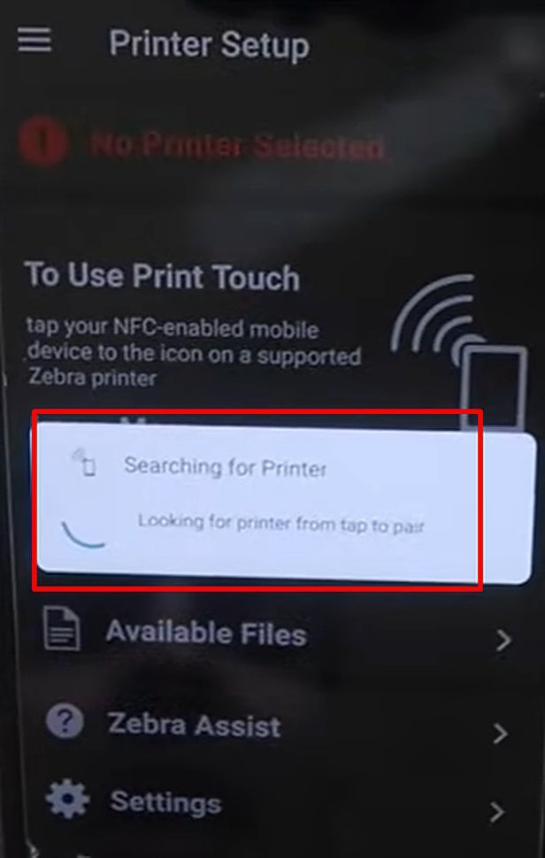 The app searches for a nearby printer to pair with.