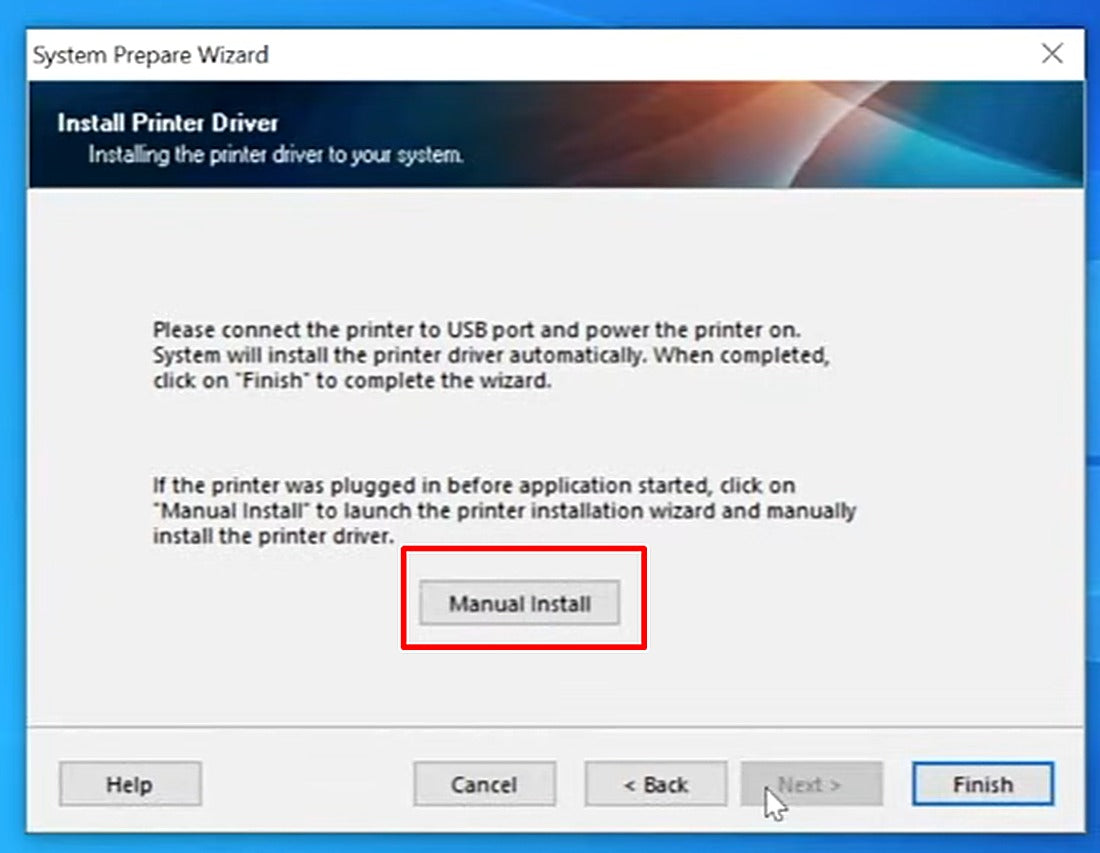 Click Manual Install if the printer was already plugged in before the wizard started.