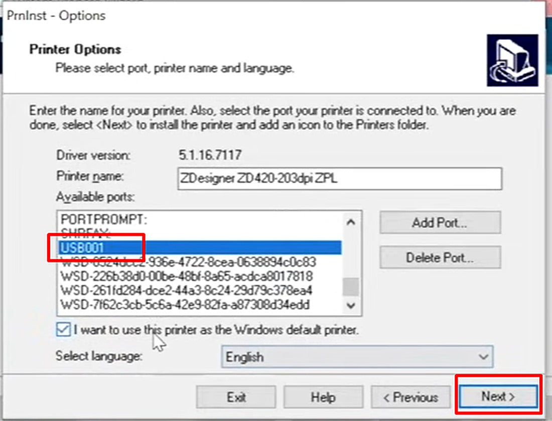 Confirm the USB port and printer name, then click Next.