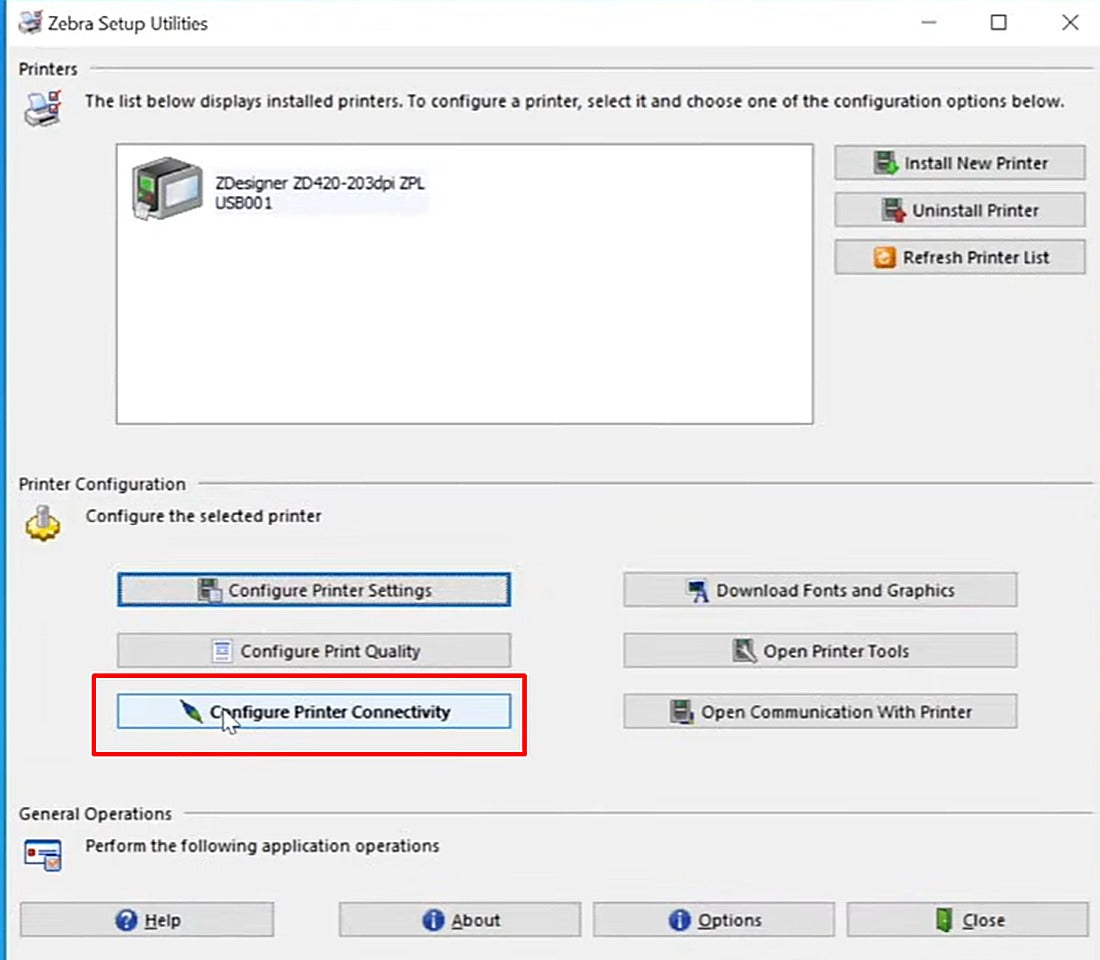 The printer now appears in Zebra Setup Utilities, connected over USB.