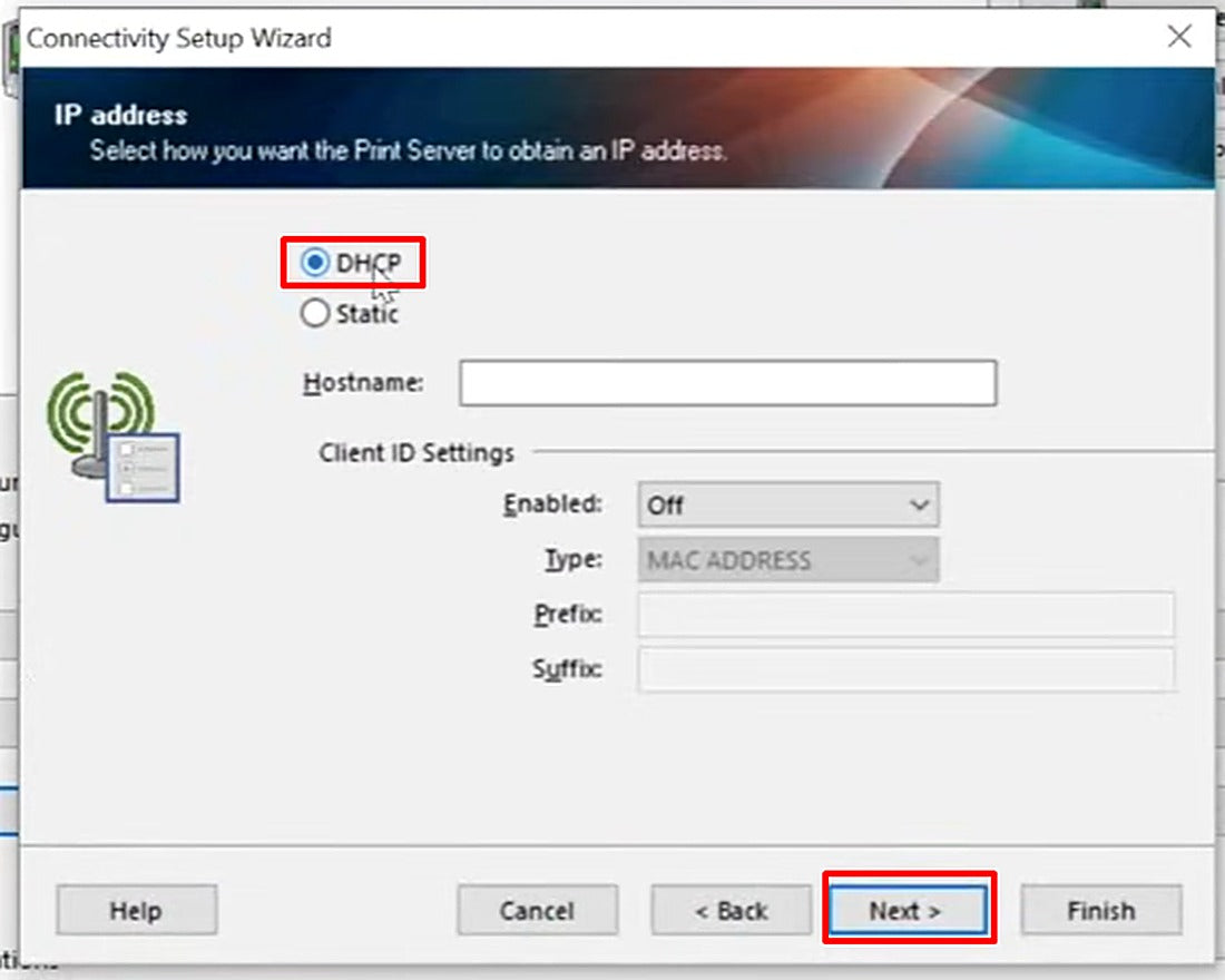 Choose DHCP so the printer receives an IP address automatically.