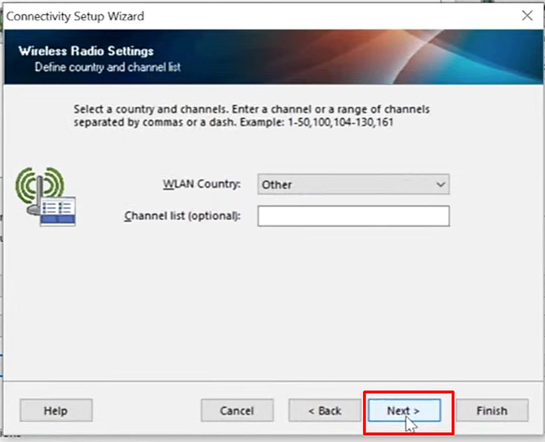Leave the WLAN country and channel list fields as-is and click Next.