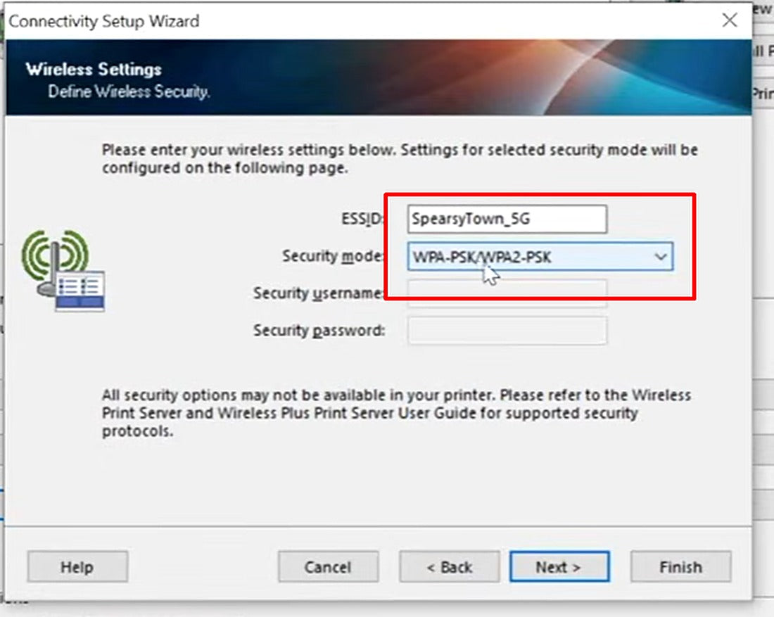 Select the Security mode that matches your network — commonly WPA-PSK/WPA2-PSK.