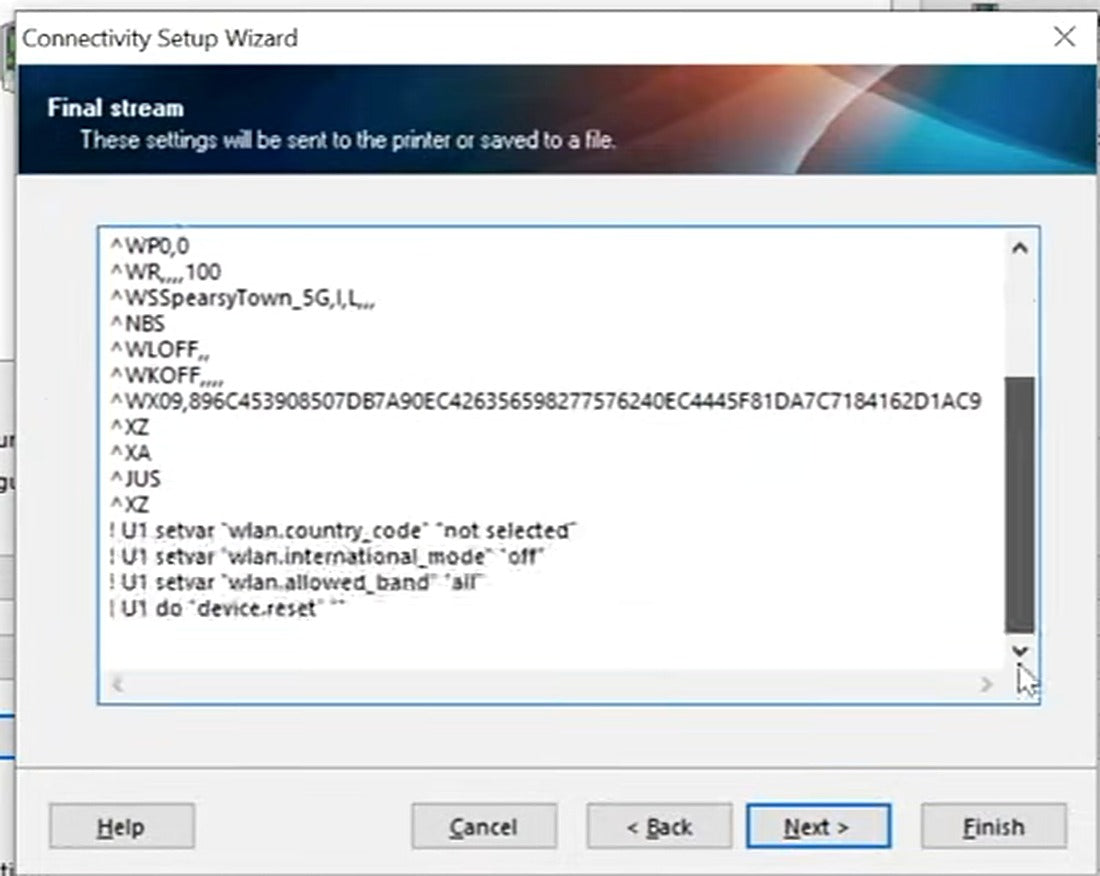 The wizard prepares the configuration commands that will be sent to the printer.