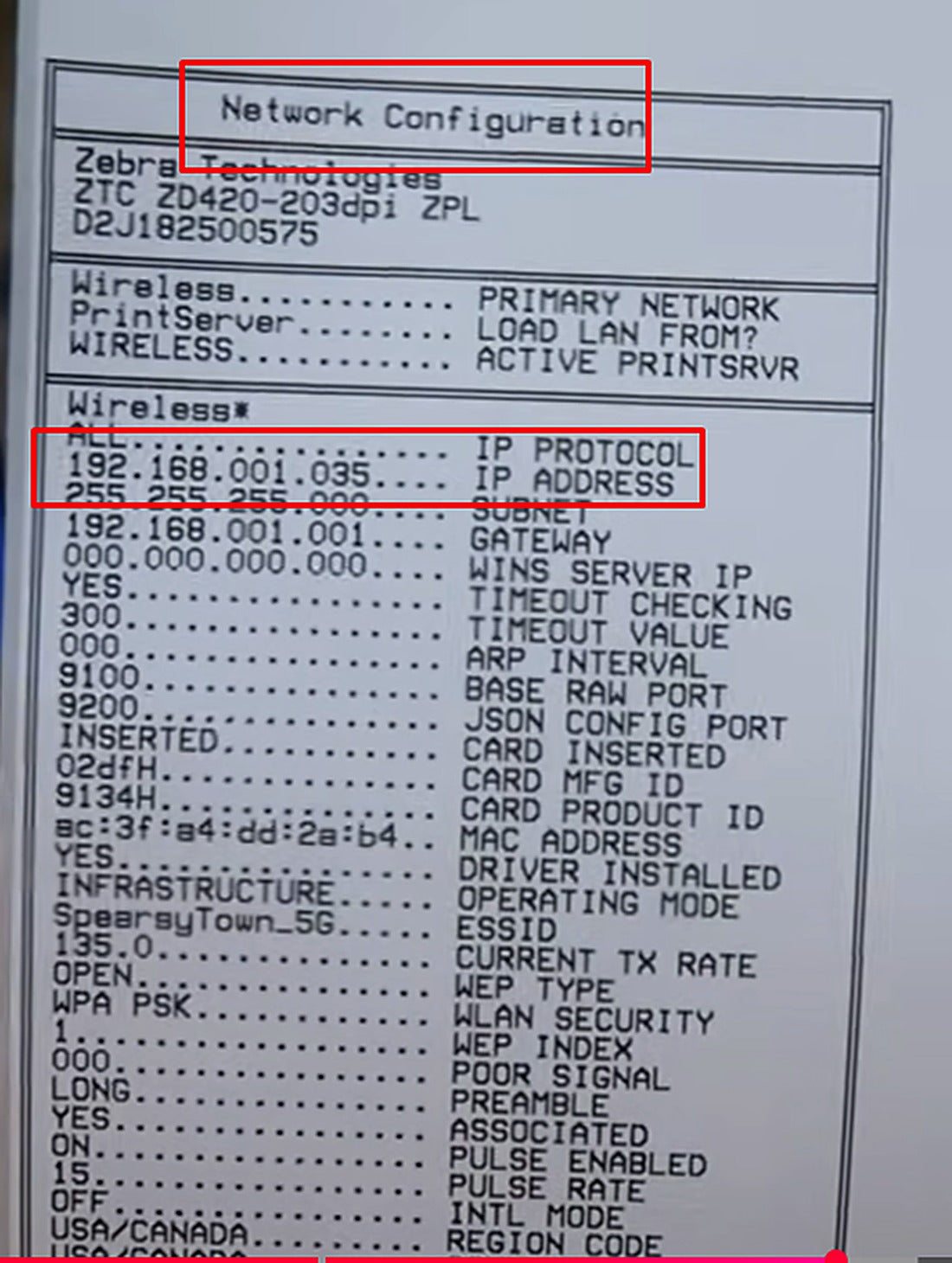 Locate the IP Address field on the printed network configuration label.