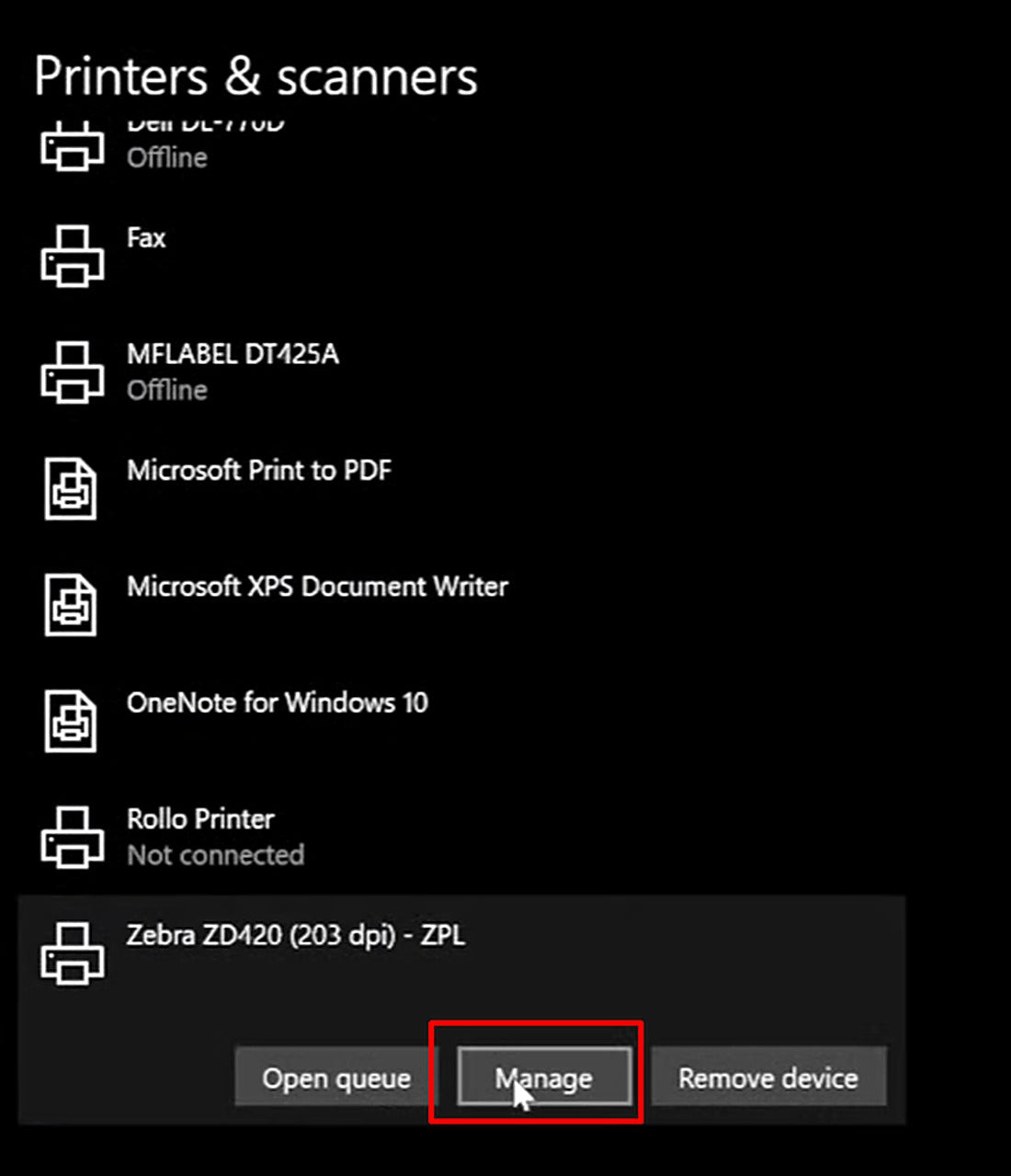 Click Manage under the selected printer.