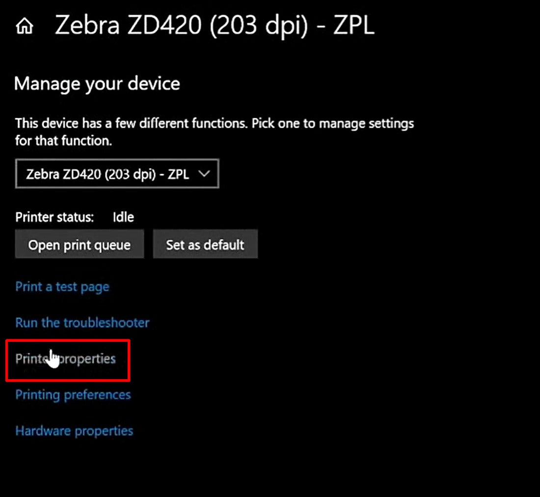 Click Printer properties on the Manage your device screen.