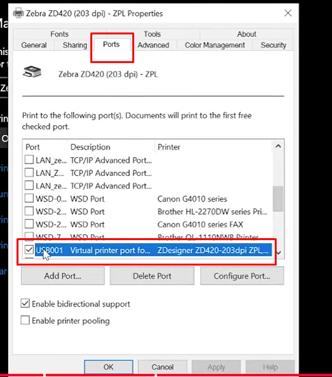 The Ports tab currently shows the printer set to USB001.