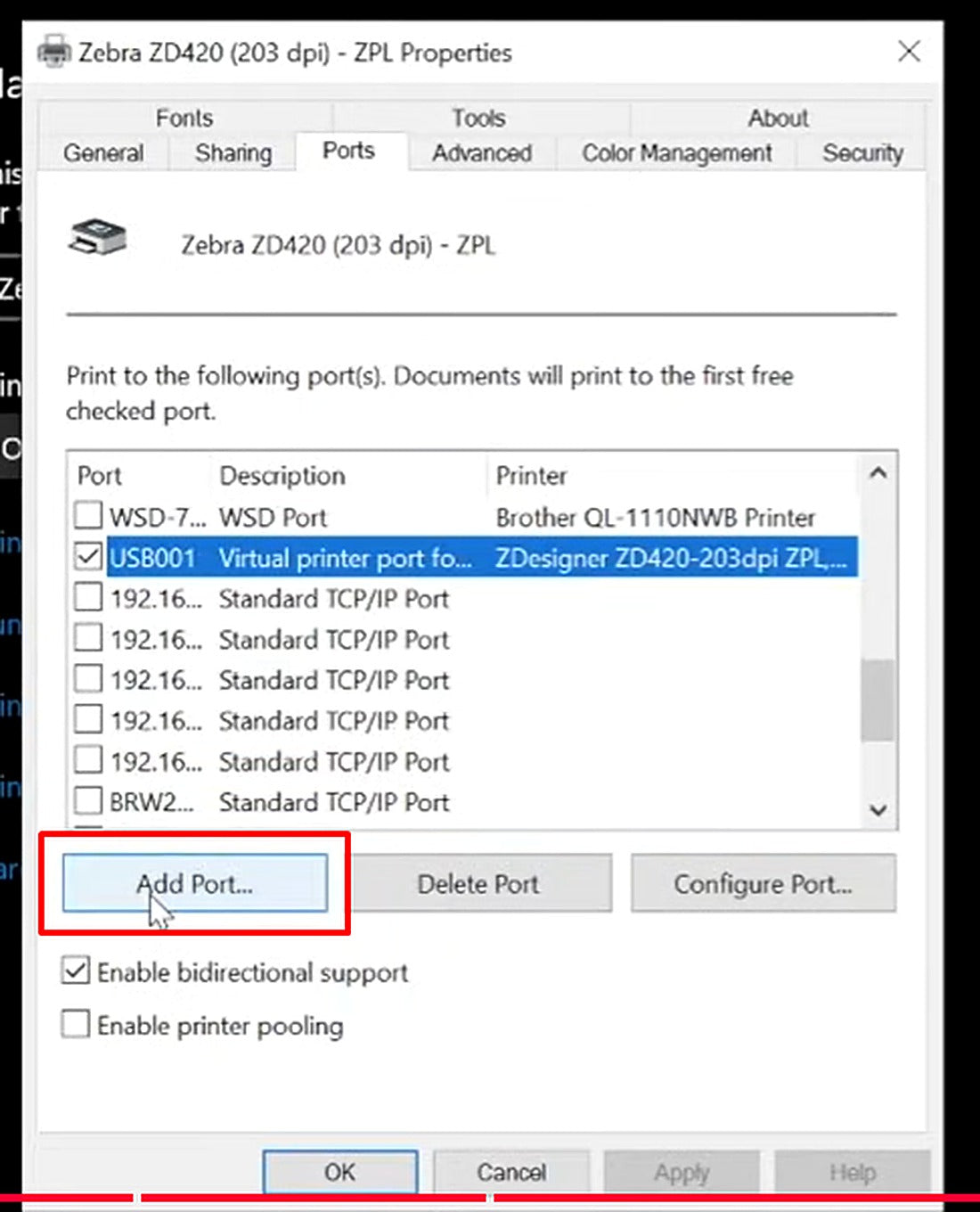 Click Add Port to create a new network port.