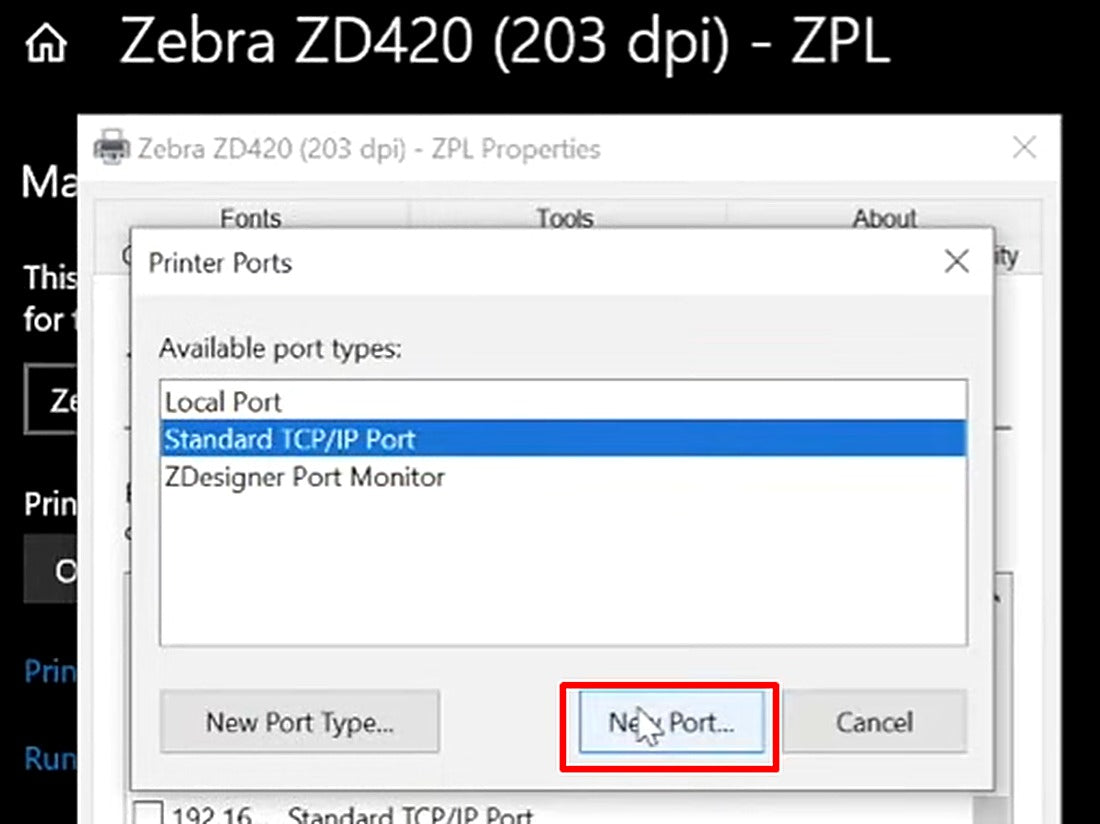 Select Standard TCP/IP Port, then click New Port.