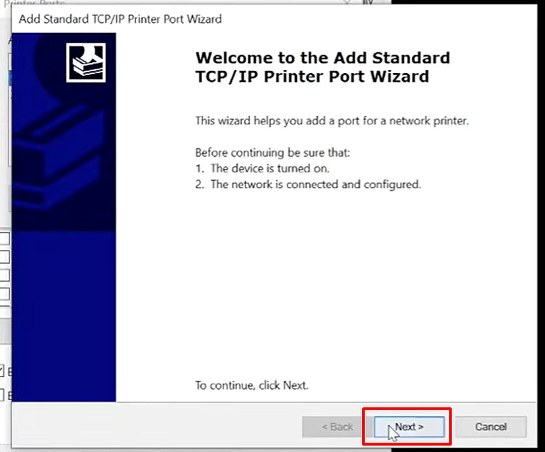 Click Next on the Add Standard TCP/IP Printer Port Wizard welcome screen.