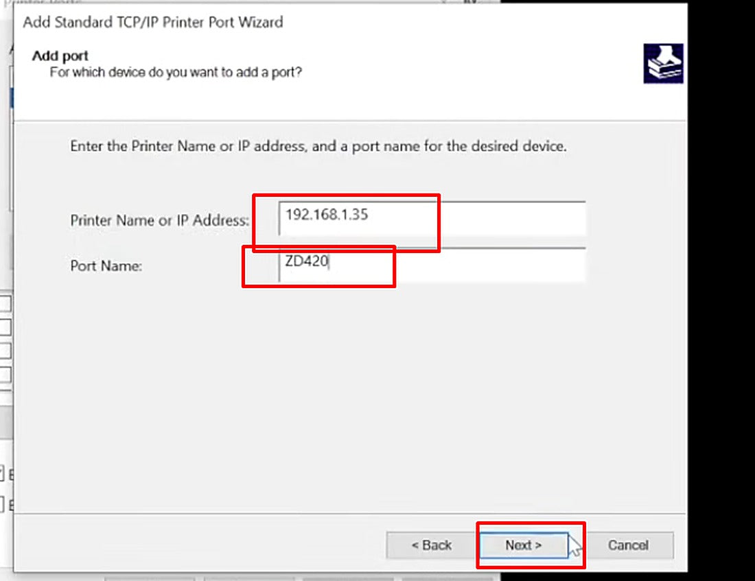 Enter the IP address from Step 21 and give the port a name.