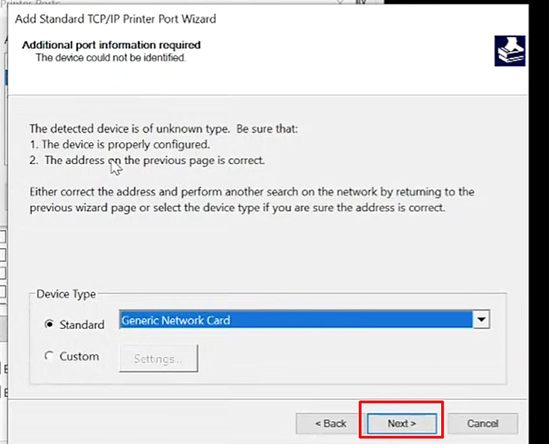 Choose Standard and Generic Network Card, then click Next.