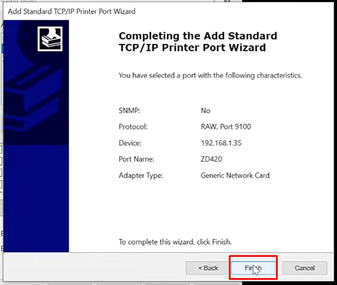 Review the summary and click Finish to create the port.