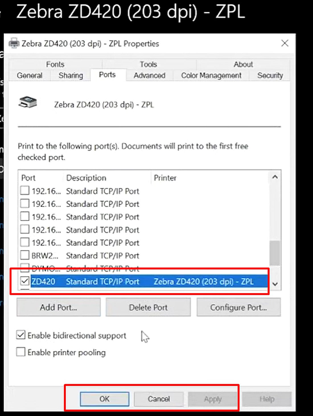Select the new network port, then click Apply and OK.