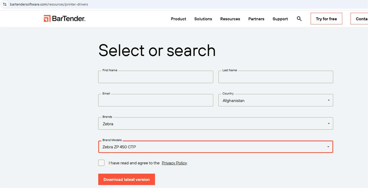 Driver selection / download page on the BarTender website.