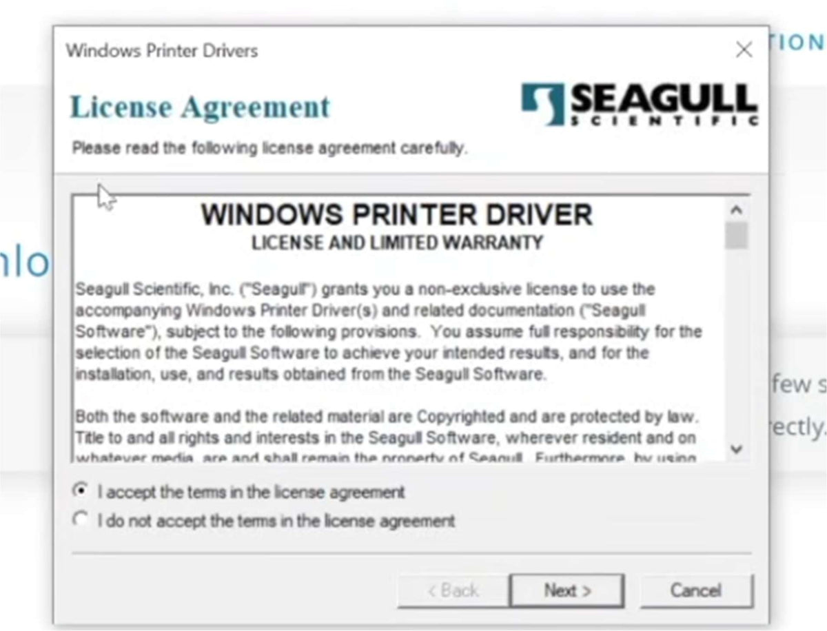 Windows printer driver license agreement.