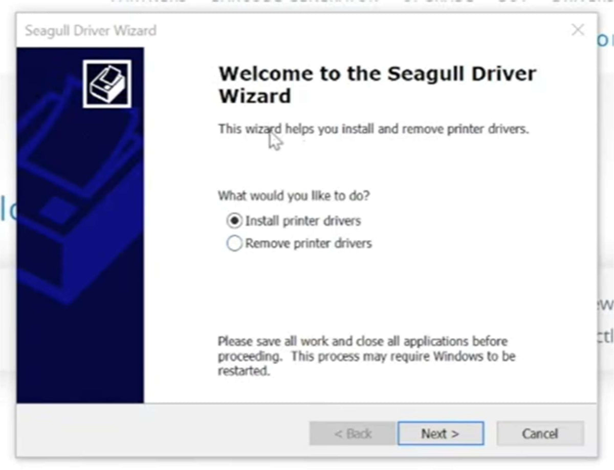 Driver installation wizard welcome screen.