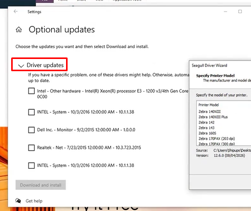 Optional updates screen — expand Driver updates to check for pending driver updates while the driver installation wizard searches for the printer model.