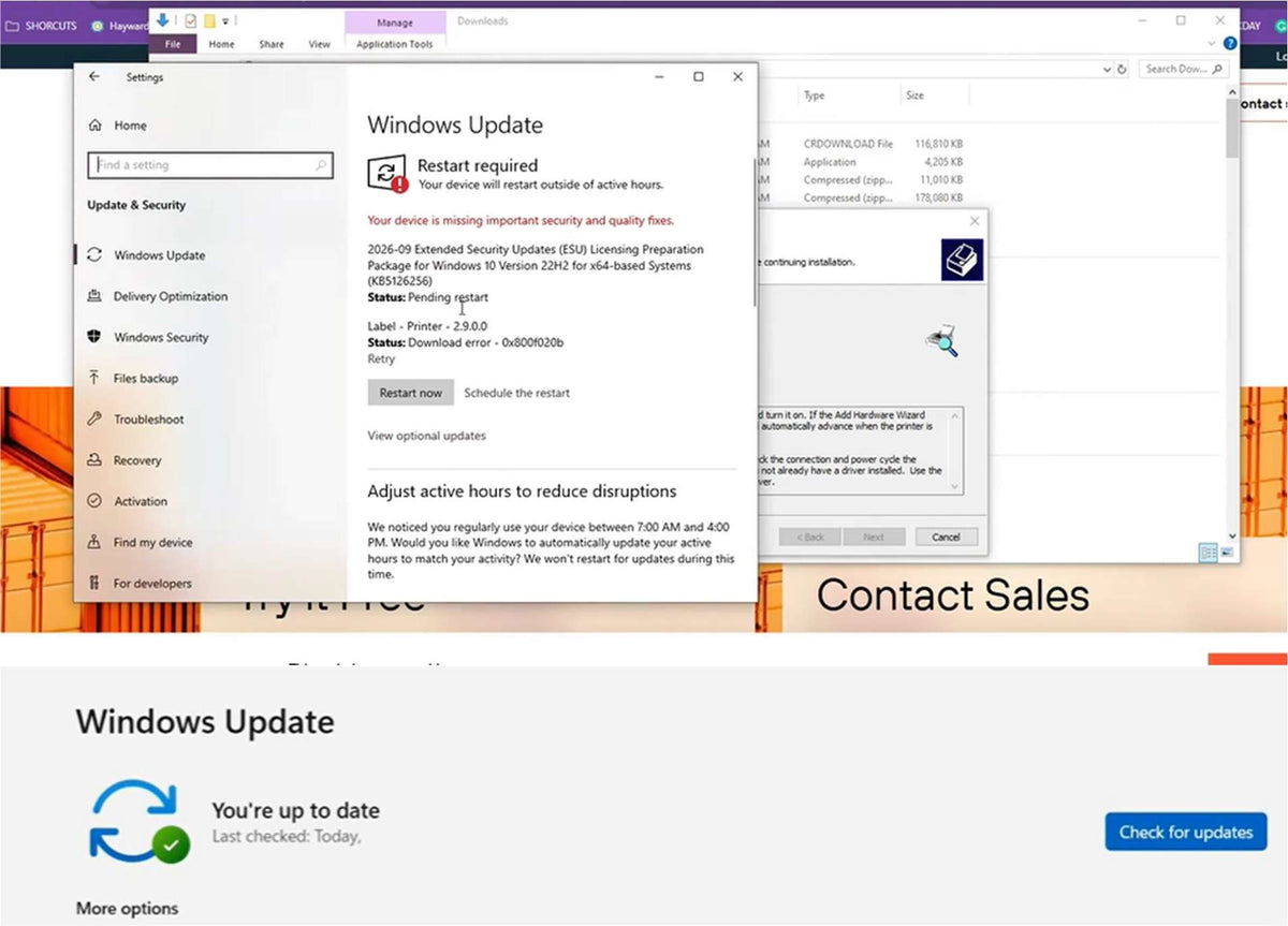 Windows Update screen showing a pending update, and the resulting “you're up to date” confirmation.