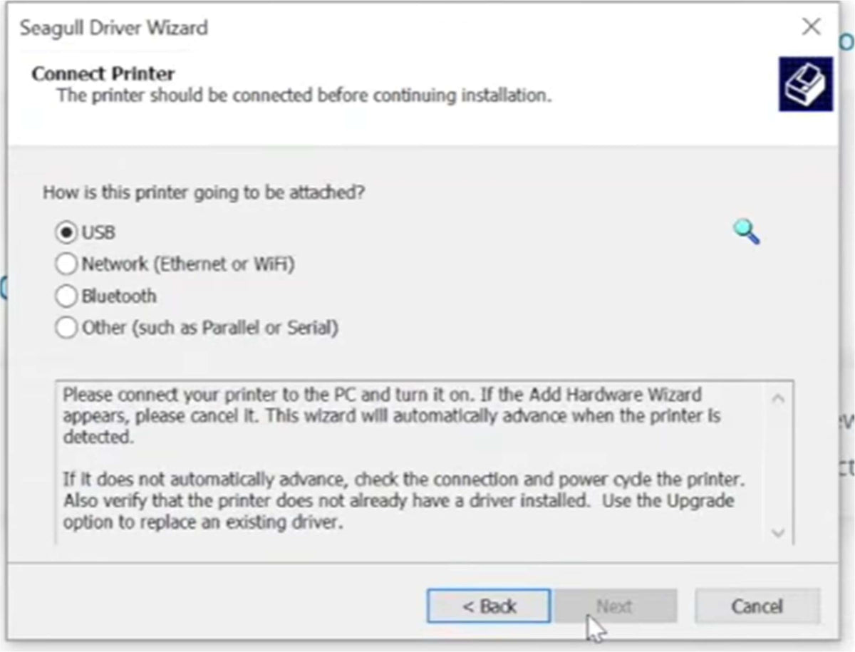 Printer connection screen during the second wizard attempt.