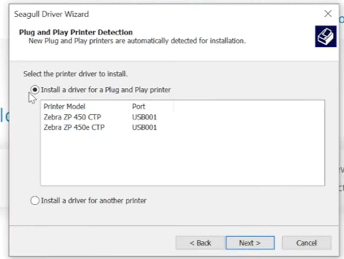 Plug and Play Printer Detection showing the ZP450 models.