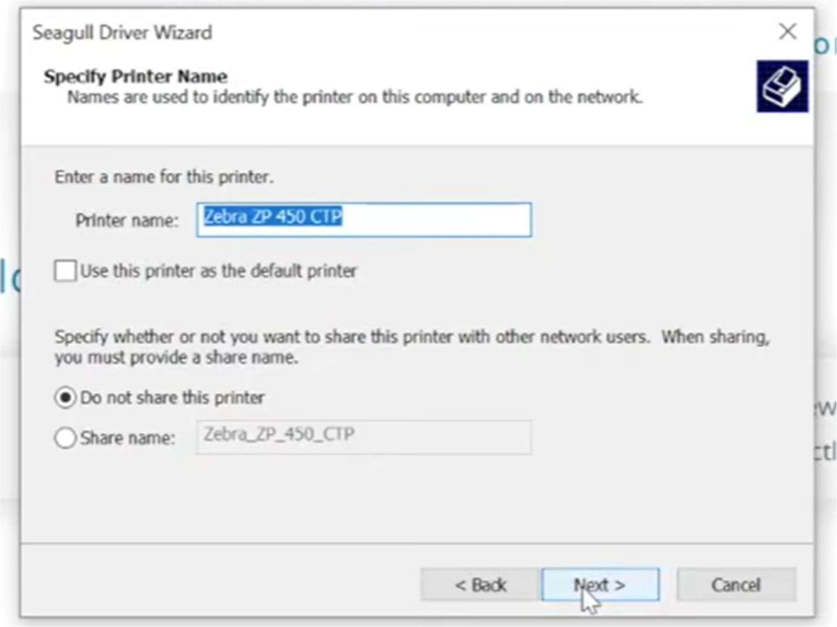 Printer name and sharing configuration.