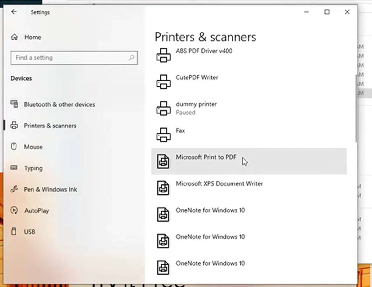 Printers & scanners list in Windows Settings.