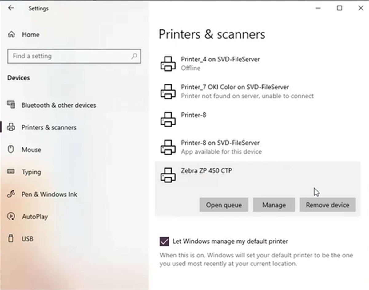 Selected ZP450 entry with Manage / Open queue / Remove device options.