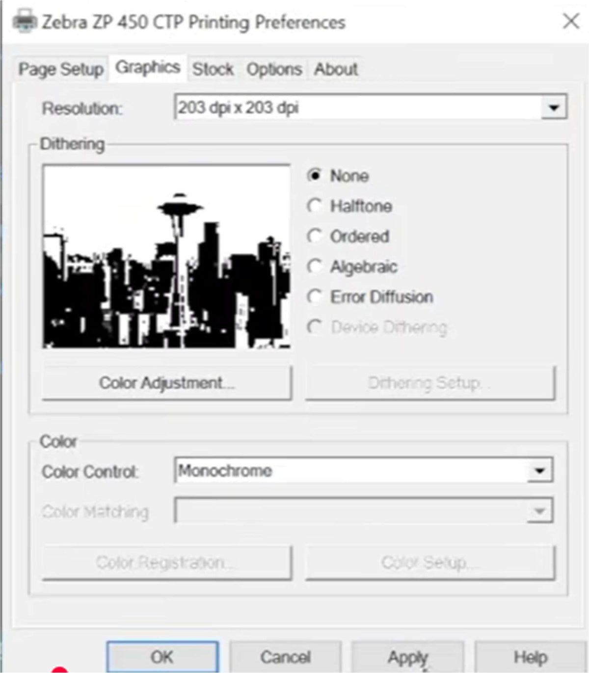 Printing Preferences — Graphics tab.