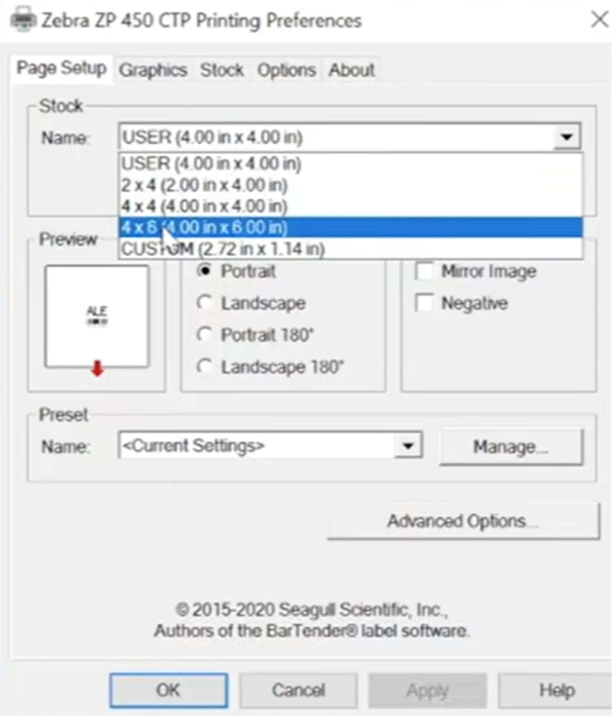 Page Setup tab — stock/label size selection (4 x 6 in shown).