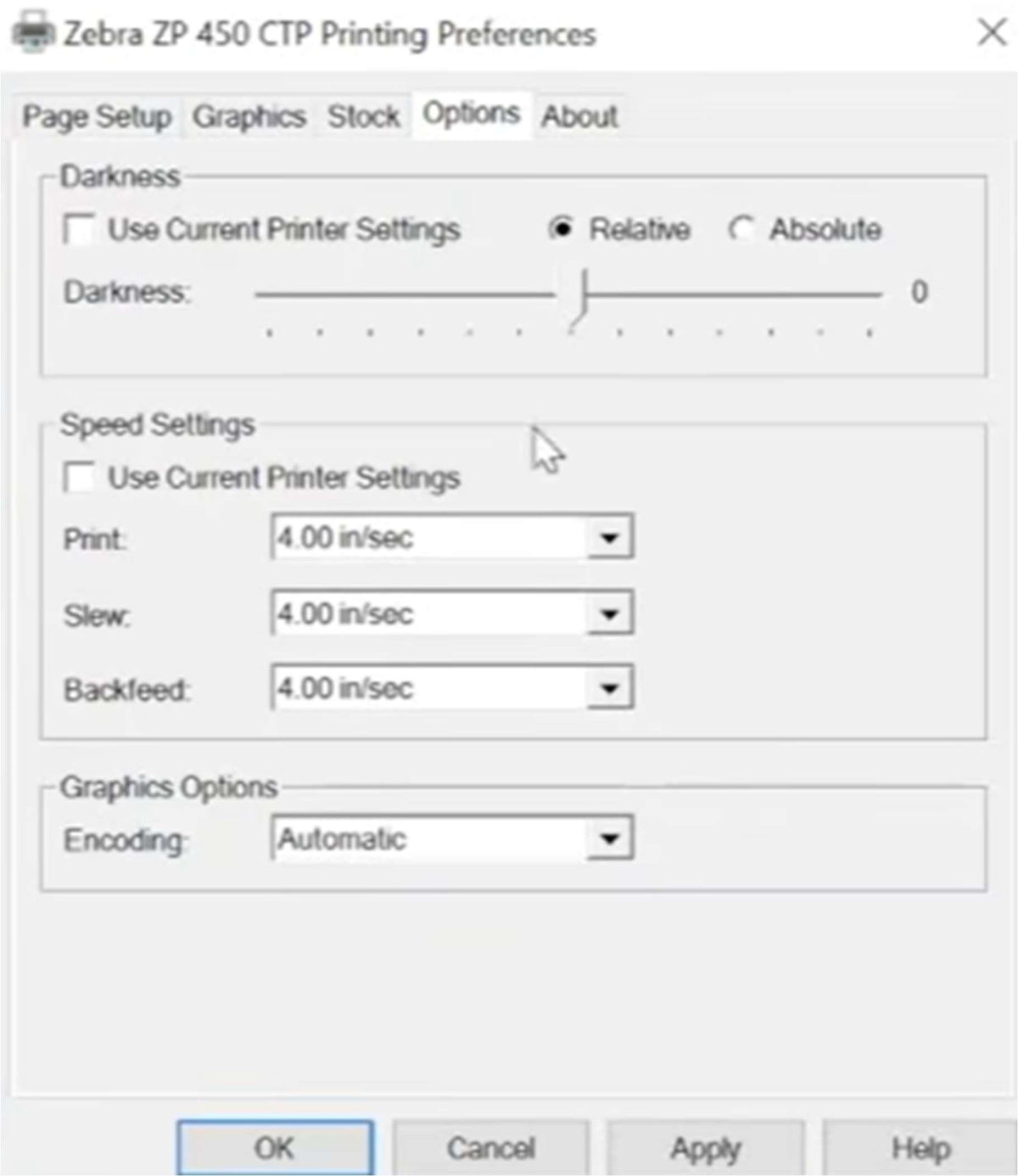 Options tab — darkness and speed settings.