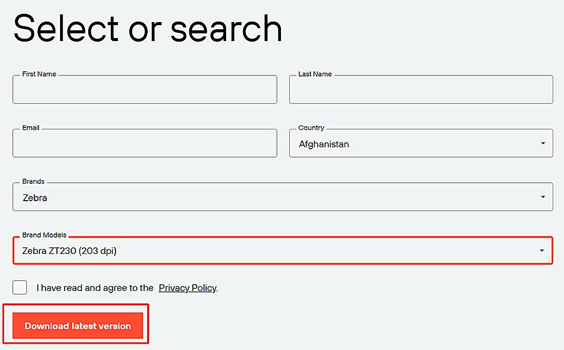 Select Zebra as the brand and your exact model, then download the latest driver.