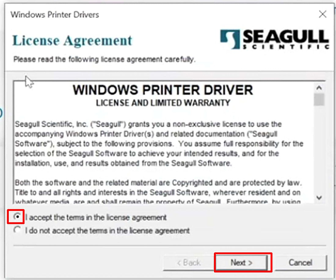 Accept the license agreement in the Seagull Driver Wizard and click Next.