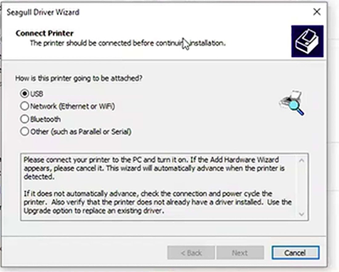 Select USB as the connection type, then connect and power on the printer.