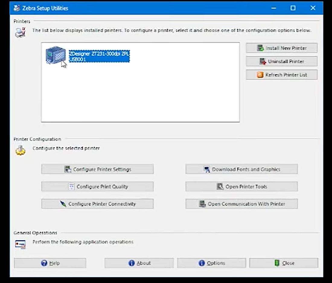 The installed printer appears in Zebra Setup Utilities, ready to configure.