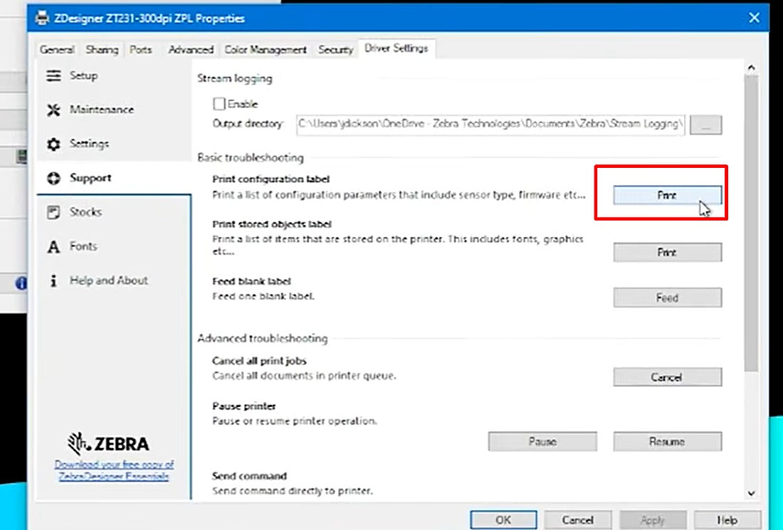 On the Support tab of the printer's properties, click Print next to “Print configuration label.”