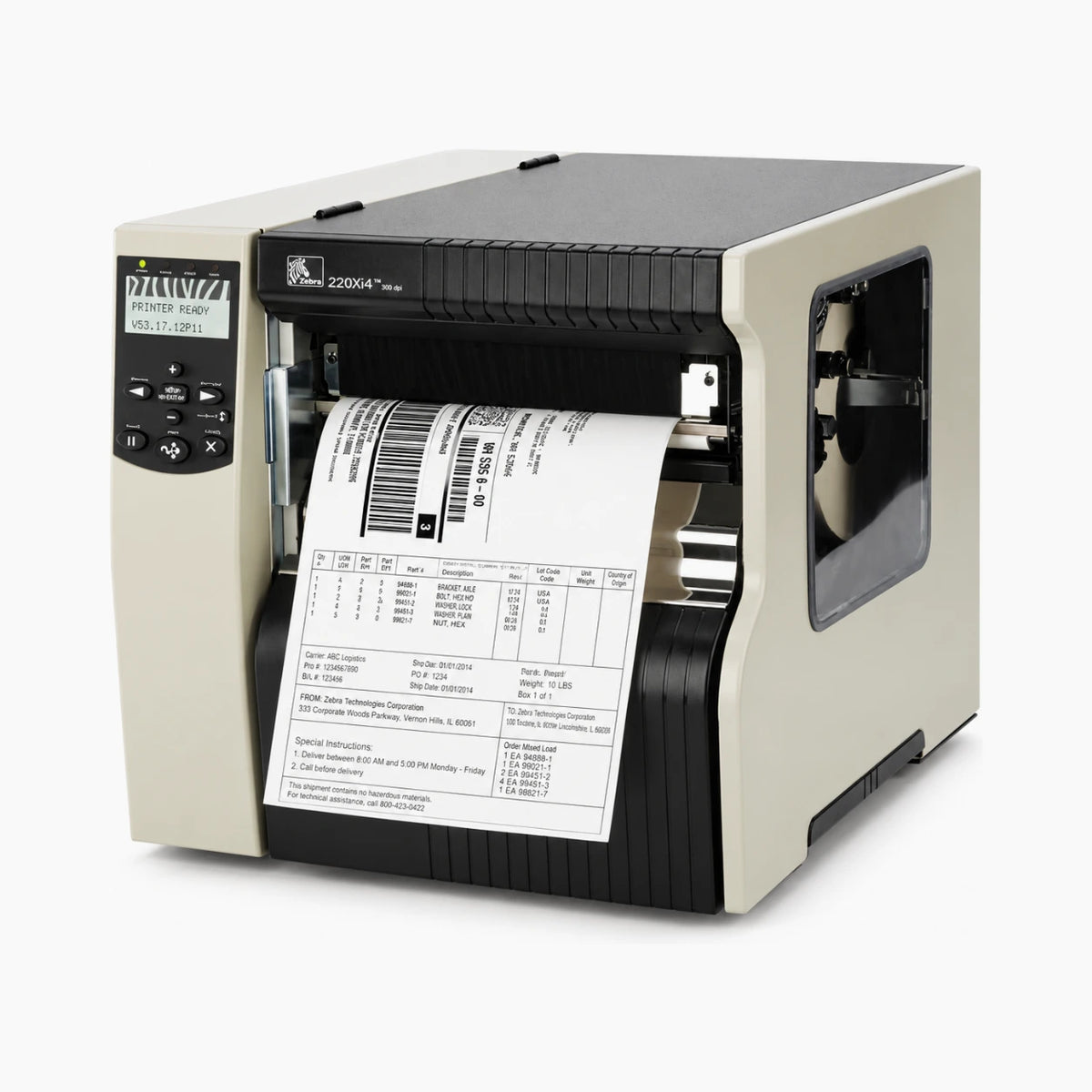 Zebra 220Xi4 industrial thermal label printer, angled view