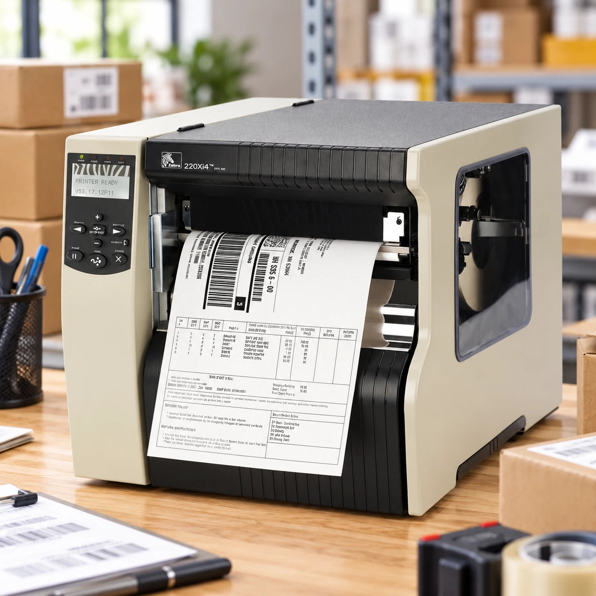 Zebra 220Xi4 industrial thermal label printer in use