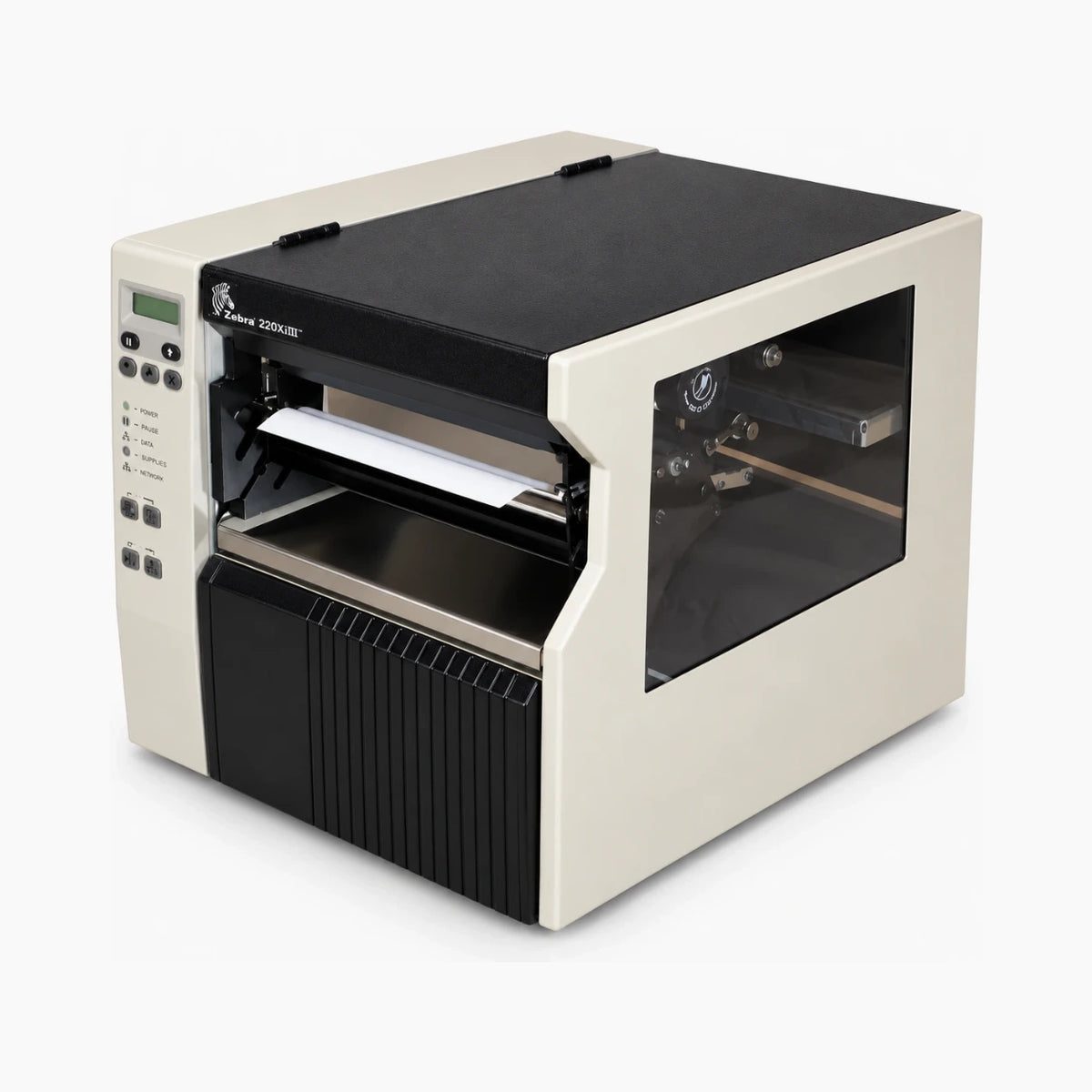 Zebra 220XiIII industrial thermal label printer – angled view