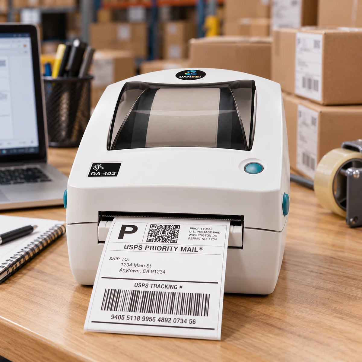 Zebra DA402 thermal label printer in use