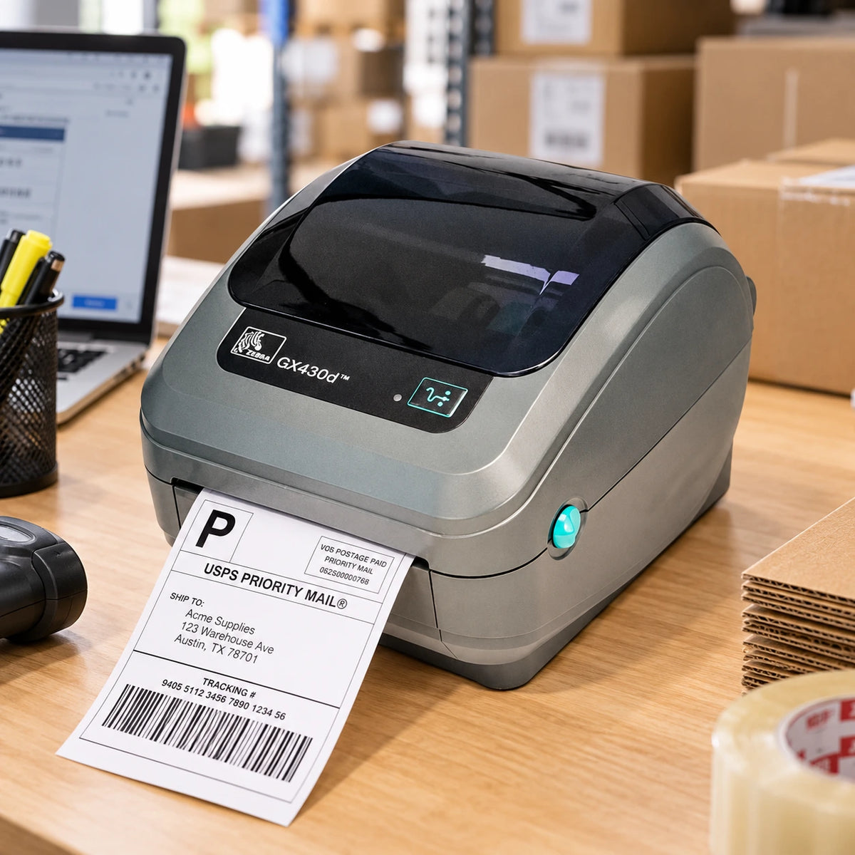 Zebra GX430d thermal label printer in use