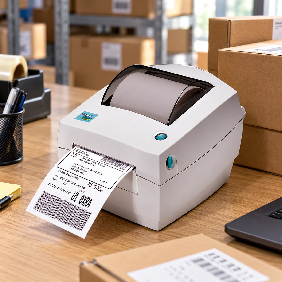 Zebra LP2844 thermal label printer in use