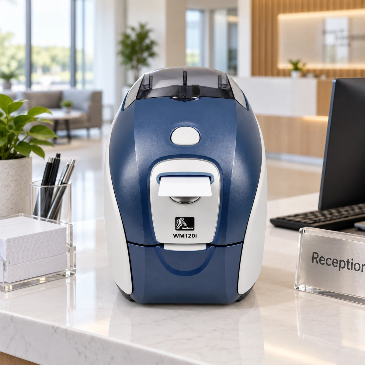 Zebra P120i card printer in use printing an ID card on a reception desk